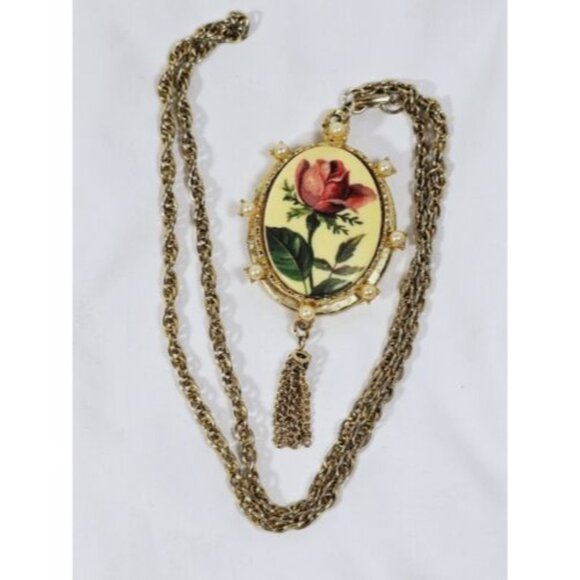 Unbranded Jewelry - Vtg Gold Tone Rose Pendant Locket Necklace W/ Faux Pearls & Tassel Chain